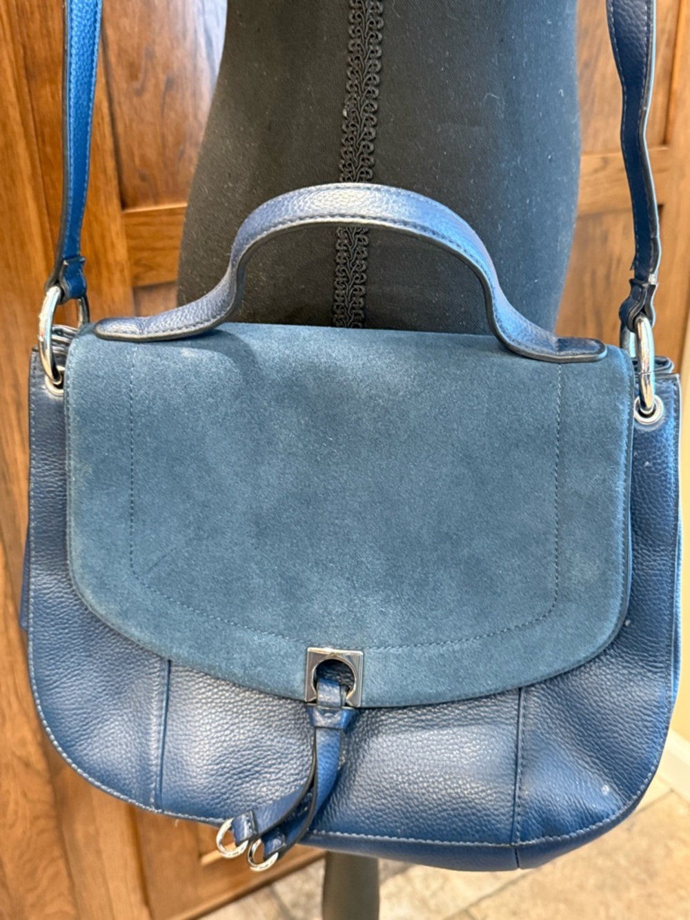 Ivanka Trump Navy Leather & Suede Saddle Bag - Picture 3 of 7